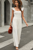 Apricot Ruffle Sleeve Smocked Bodice Wide Leg Jumpsuit for Women LC643773-18