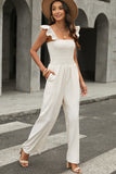 Apricot Ruffle Sleeve Smocked Bodice Wide Leg Jumpsuit for Women LC643773-18