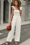 Apricot Ruffle Sleeve Smocked Bodice Wide Leg Jumpsuit for Women LC643773-18