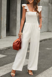 Apricot Ruffle Sleeve Smocked Bodice Wide Leg Jumpsuit for Women LC643773-18