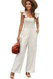 Apricot Ruffle Sleeve Smocked Bodice Wide Leg Jumpsuit for Women LC643773-18