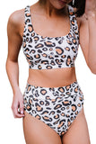 LC43594-1-S, LC43594-1-M, LC43594-1-L, LC43594-1-XL, White Sequare Neck Two Piece Swimsuit Leopard Bralette High Waist Bikini for Women