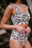 LC43594-1-S, LC43594-1-M, LC43594-1-L, LC43594-1-XL, White Sequare Neck Two Piece Swimsuit Leopard Bralette High Waist Bikini for Women