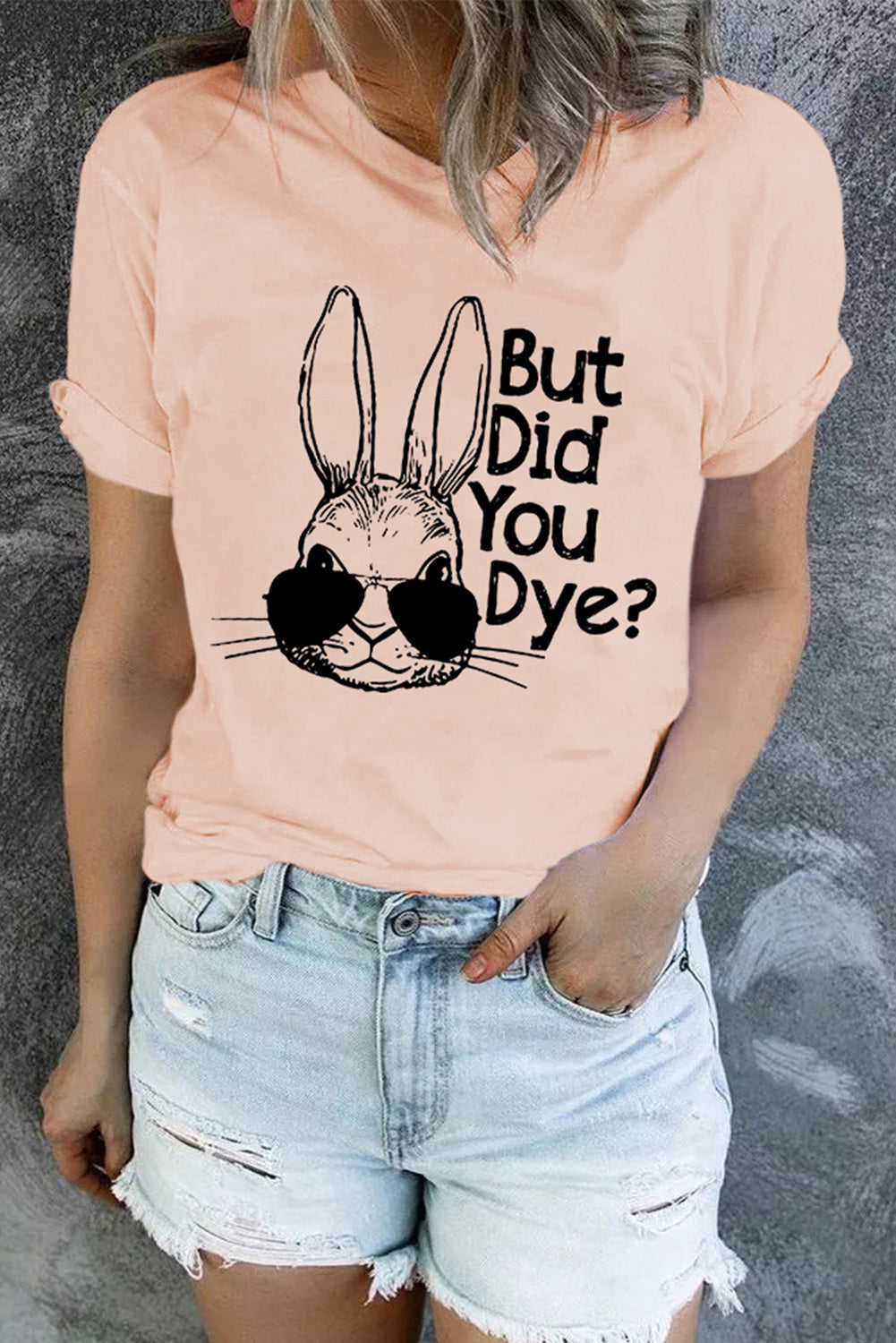 LC25214638-10-S, LC25214638-10-M, LC25214638-10-L, LC25214638-10-XL, LC25214638-10-2XL, Pink Easter Day Rabbit Print But Did You Dye Bunny Print Short Sleeve T-shirt for Women