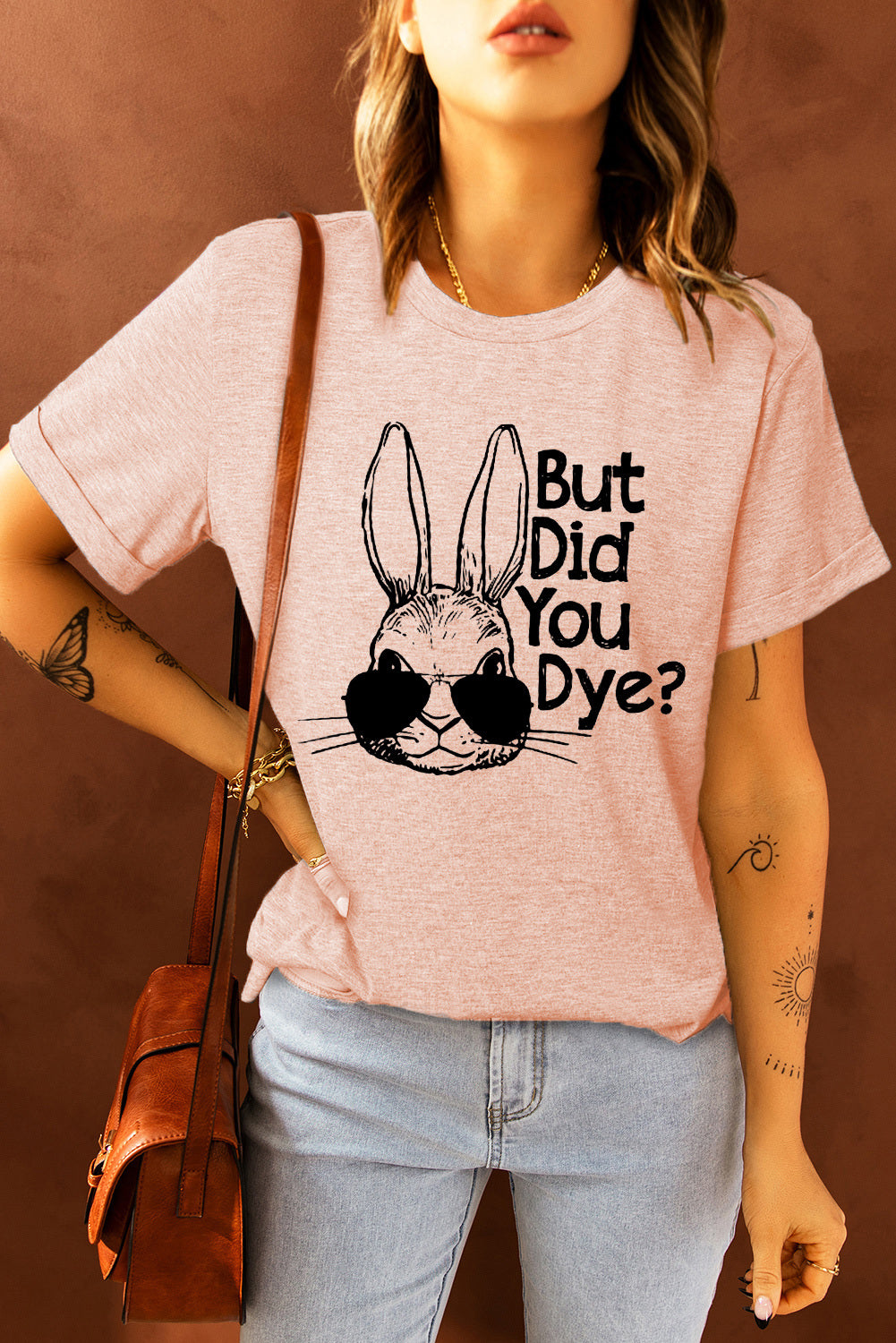 LC25214638-10-S, LC25214638-10-M, LC25214638-10-L, LC25214638-10-XL, LC25214638-10-2XL, Pink Easter Day Rabbit Print But Did You Dye Bunny Print Short Sleeve T-shirt for Women