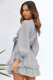 Gray Womens Deep V Neck Lantern Sleeve Knotted Tiered Mini White Dress LC227391-11