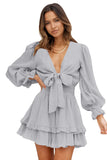 Gray Womens Deep V Neck Lantern Sleeve Knotted Tiered Mini White Dress LC227391-11