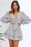Gray Womens Deep V Neck Lantern Sleeve Knotted Tiered Mini White Dress LC227391-11