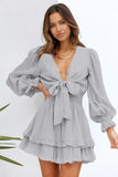 Gray Womens Deep V Neck Lantern Sleeve Knotted Tiered Mini White Dress LC227391-11