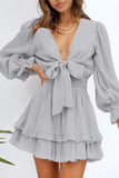Gray Womens Deep V Neck Lantern Sleeve Knotted Tiered Mini White Dress LC227391-11