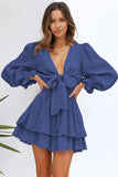 Blue Womens Deep V Neck Lantern Sleeve Knotted Tiered Mini White Dress LC227391-5