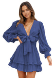 Blue Womens Deep V Neck Lantern Sleeve Knotted Tiered Mini White Dress LC227391-5