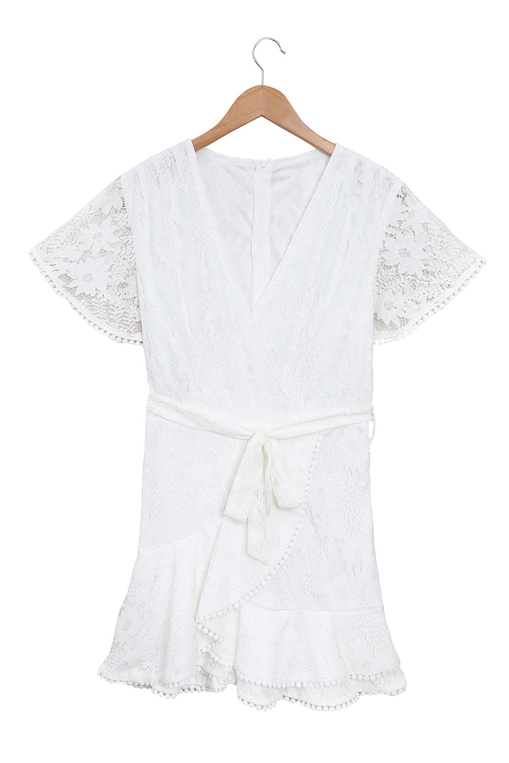 White White Mini Dress Wrap V Neck Floral Lace Short Dress LC224799-1