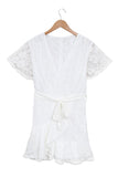 White White Mini Dress Wrap V Neck Floral Lace Short Dress LC224799-1