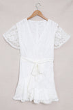 White White Mini Dress Wrap V Neck Floral Lace Short Dress LC224799-1