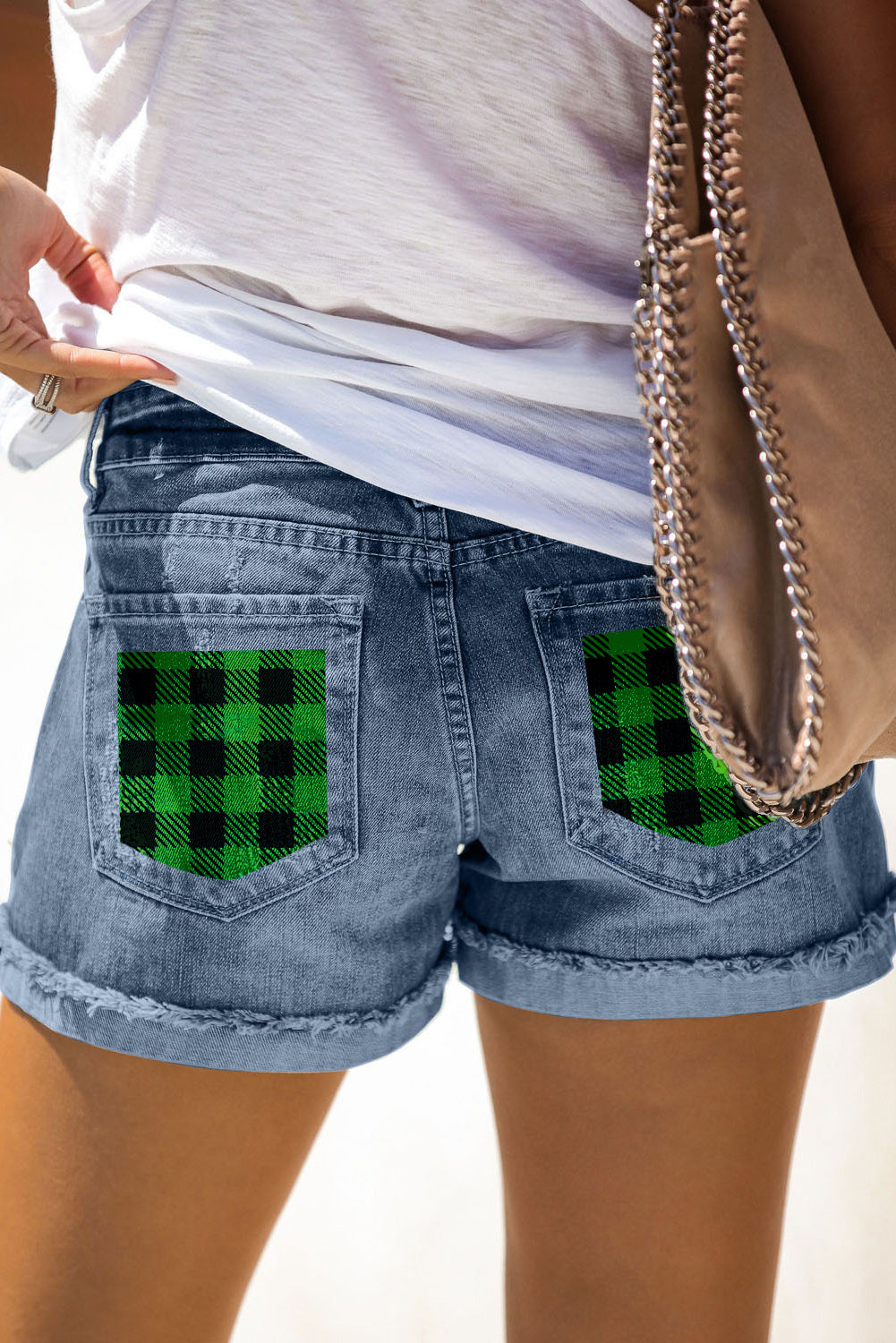 Green Plaid Denim Shorts Mid Rise Distressed Cuffed Jeans Shorts LC7831008-9