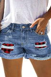 Red Plaid Denim Shorts Mid Rise Distressed Cuffed Jeans Shorts LC7831008-3