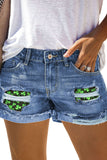 Green Plaid Denim Shorts Mid Rise Distressed Cuffed Jeans Shorts LC7831008-109