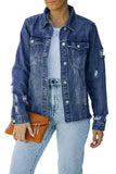 LC8511504-5-S, LC8511504-5-M, LC8511504-5-L, LC8511504-5-XL, LC8511504-5-2XL, Blue Women's Jean Jacket Long Sleeve Lapel Distressed Raw Hem Buttons Denim Coat