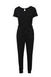 LC641788-2-S, LC641788-2-M, LC641788-2-L, LC641788-2-XL, Black Women's Loose Short Sleeve Jumpsuit Jogger Summer Casual Long Romper with Belt