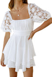 White White Puff Sleeve Dress Square Neck Lace Ruffle A Line Mini Dress  LC2211141-1