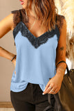 LC251886-4-S, LC251886-4-M, LC251886-4-L, LC251886-4-XL, LC251886-4-2XL, Sky Blue Women's V Neck Sleeveless Lace Trim Camisole Sleeveless Tank Top