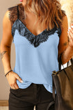 LC251886-4-S, LC251886-4-M, LC251886-4-L, LC251886-4-XL, LC251886-4-2XL, Sky Blue Women's V Neck Sleeveless Lace Trim Camisole Sleeveless Tank Top