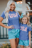 Blue USA Leopard Print Kids T-Shirt Mommy and Me Matching Family Outfits TZ25384-5