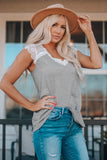 Gray V Neck Eyelash Lace Knit Tank for Women LC253399-11