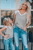 Gray V Neck Eyelash Lace Knit Tank for Women LC253399-11