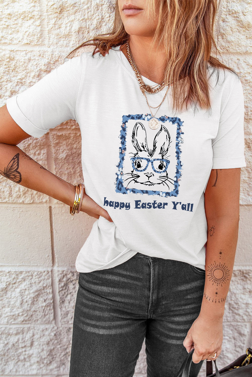 White Happy Easter Y’all Crew Neck T Shirt Bunny Tee Tops LC25214937-1