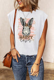 White Happy Easter Leopard Bunny Graphic Cap Sleeve Top for Women LC25214939-1