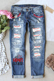 Sky Blue Ripped Distressed Jeans Baseball Print Light Washed High Waist Denim Pants LC787127-4