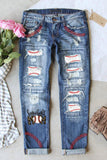 Jean en denim stretch effet usé avec patchwork pour maman de baseball