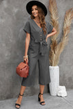 LC643609-11-S, LC643609-11-M, LC643609-11-L, LC643609-11-XL, LC643609-11-2XL, Gray Women's Casual Long Pants Romper V Neck Pocketed Jumpsuit