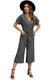 LC643609-11-S, LC643609-11-M, LC643609-11-L, LC643609-11-XL, LC643609-11-2XL, Gray Women's Casual Long Pants Romper V Neck Pocketed Jumpsuit