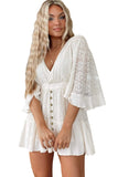 White White Mini Dress V Neck Lace Crochet Bell Sleeve Dress LC2211933-1