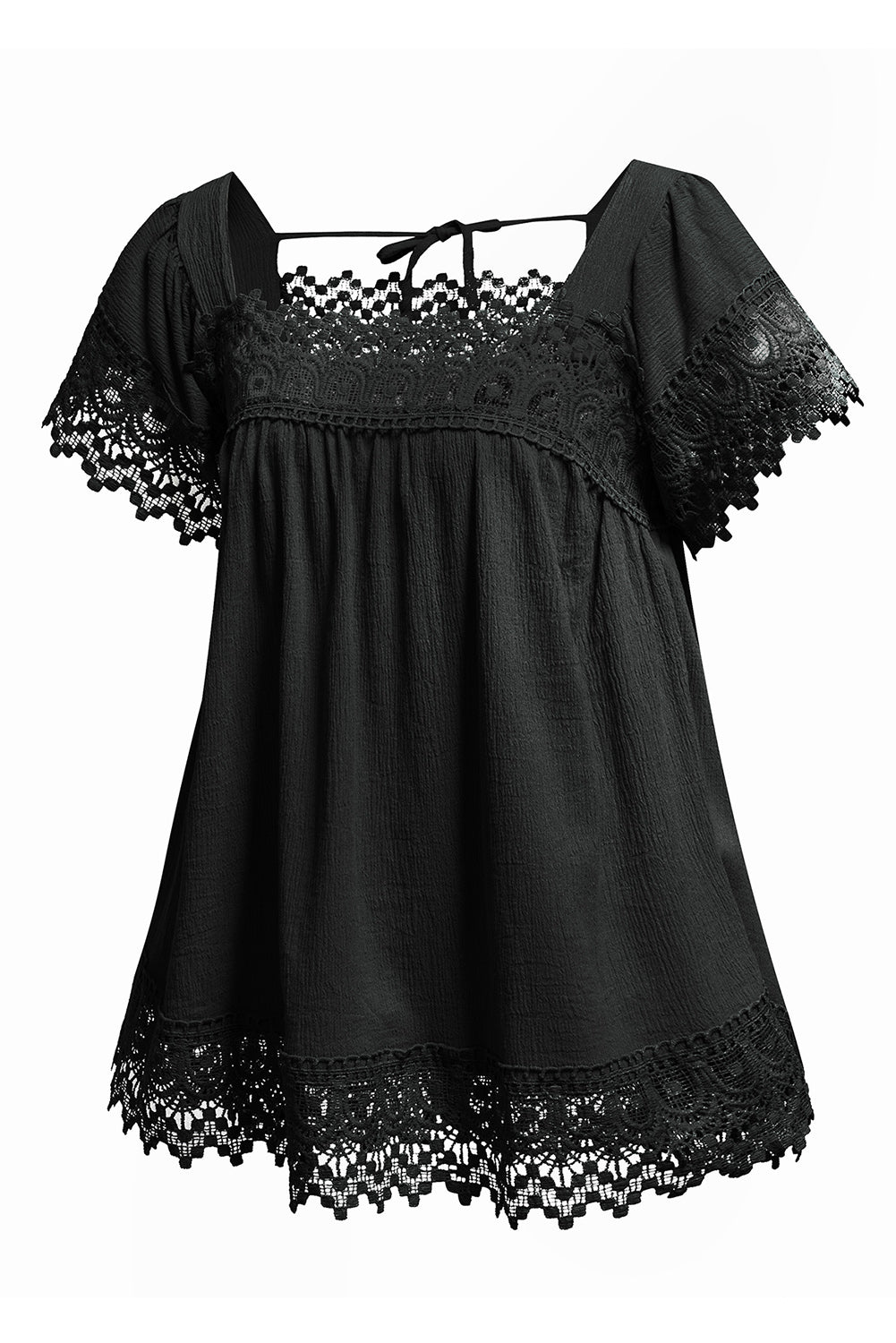 Black Womens Lace Top Pom Pom Splicing Square Neck Blouse LC25112089-2
