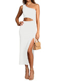 LC6110015-1-S, LC6110015-1-M, LC6110015-1-L, LC6110015-1-XL, LC6110015-1-XS, White Womens Sexy One Shoulder Cut Out Midi Dress Party Dress with Side Slit