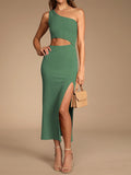 LC6110015-9-S, LC6110015-9-M, LC6110015-9-L, LC6110015-9-XL, LC6110015-9-XS, Green Womens Sexy One Shoulder Cut Out Midi Dress Party Dress with Side Slit