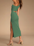 LC6110015-9-S, LC6110015-9-M, LC6110015-9-L, LC6110015-9-XL, LC6110015-9-XS, Green Womens Sexy One Shoulder Cut Out Midi Dress Party Dress with Side Slit