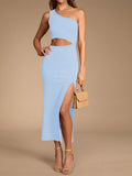 LC6110015-4-S, LC6110015-4-M, LC6110015-4-L, LC6110015-4-XL, LC6110015-4-XS, Sky Blue Womens Sexy One Shoulder Cut Out Midi Dress Party Dress with Side Slit