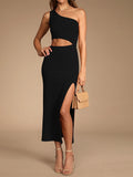 LC6110015-2-S, LC6110015-2-M, LC6110015-2-L, LC6110015-2-XL, LC6110015-2-XS, Black Womens Sexy One Shoulder Cut Out Midi Dress Party Dress with Side Slit