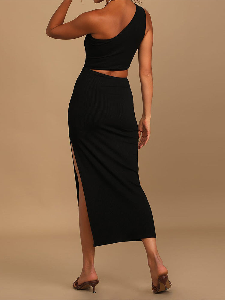 LC6110015-2-S, LC6110015-2-M, LC6110015-2-L, LC6110015-2-XL, LC6110015-2-XS, Black Womens Sexy One Shoulder Cut Out Midi Dress Party Dress with Side Slit
