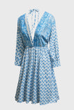 LC221873-4-S, LC221873-4-M, LC221873-4-L, LC221873-4-XL, Sky Blue Bohemian 3/4 Sleeve V Neck Vintage Mini Dress for Women