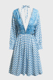 LC221873-4-S, LC221873-4-M, LC221873-4-L, LC221873-4-XL, Sky Blue Bohemian 3/4 Sleeve V Neck Vintage Mini Dress for Women