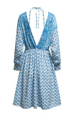 LC221873-4-S, LC221873-4-M, LC221873-4-L, LC221873-4-XL, Sky Blue Bohemian 3/4 Sleeve V Neck Vintage Mini Dress for Women