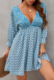 LC221873-4-S, LC221873-4-M, LC221873-4-L, LC221873-4-XL, Sky Blue Bohemian 3/4 Sleeve V Neck Vintage Mini Dress for Women
