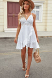 White Lace Splicing Criss Cross V Neck Cami Dress with Ruffle LC2210898-1