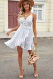 White Lace Splicing Criss Cross V Neck Cami Dress with Ruffle LC2210898-1